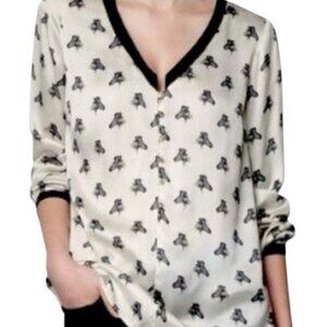Zara Zebra Print Off White Black Trim Novelty Chic Polyster Blouse Size Small
